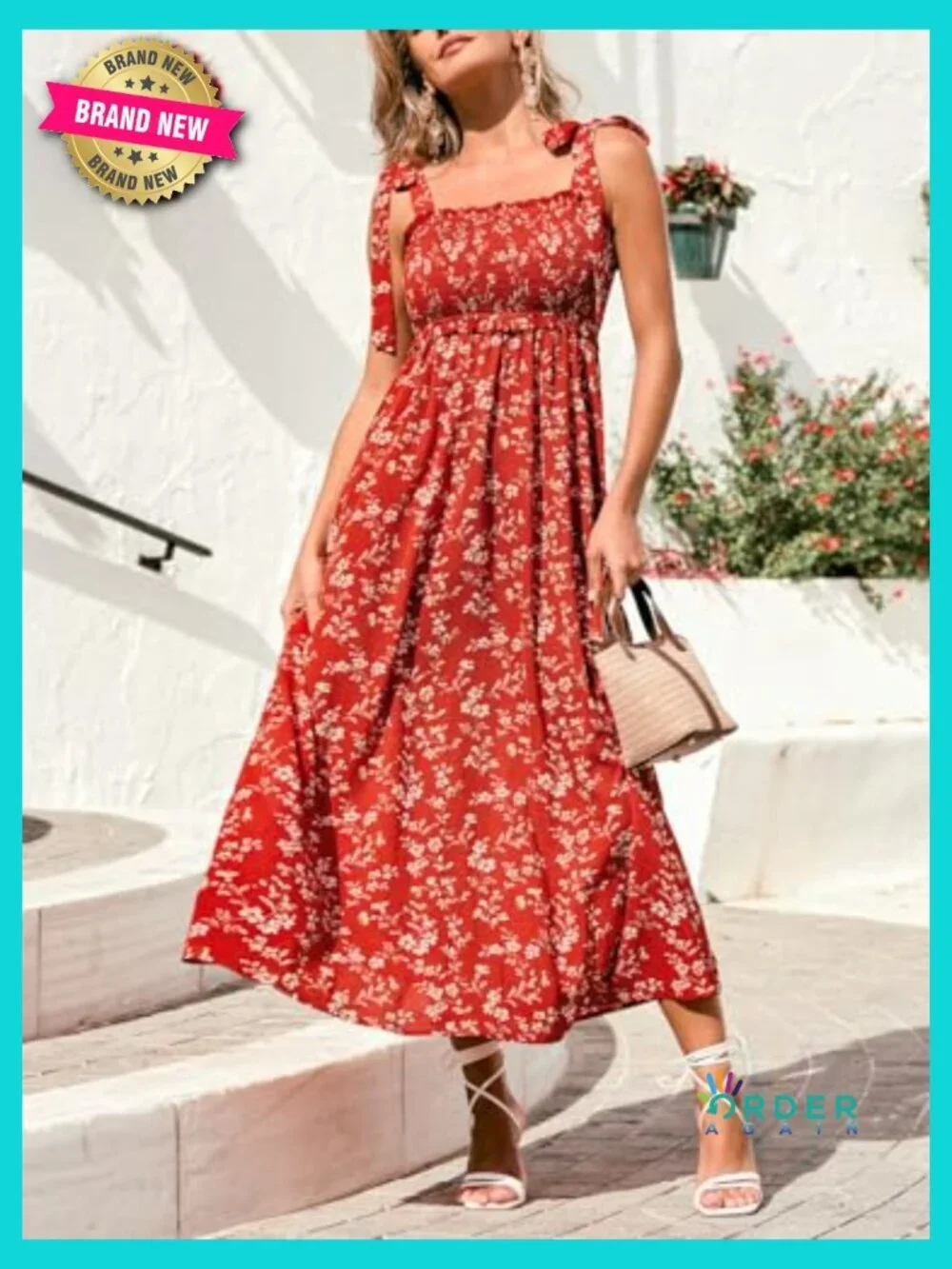 Women's Sleeveless Smocked Midi Sundress Flowy A-Line Casual Beach Summer Dress